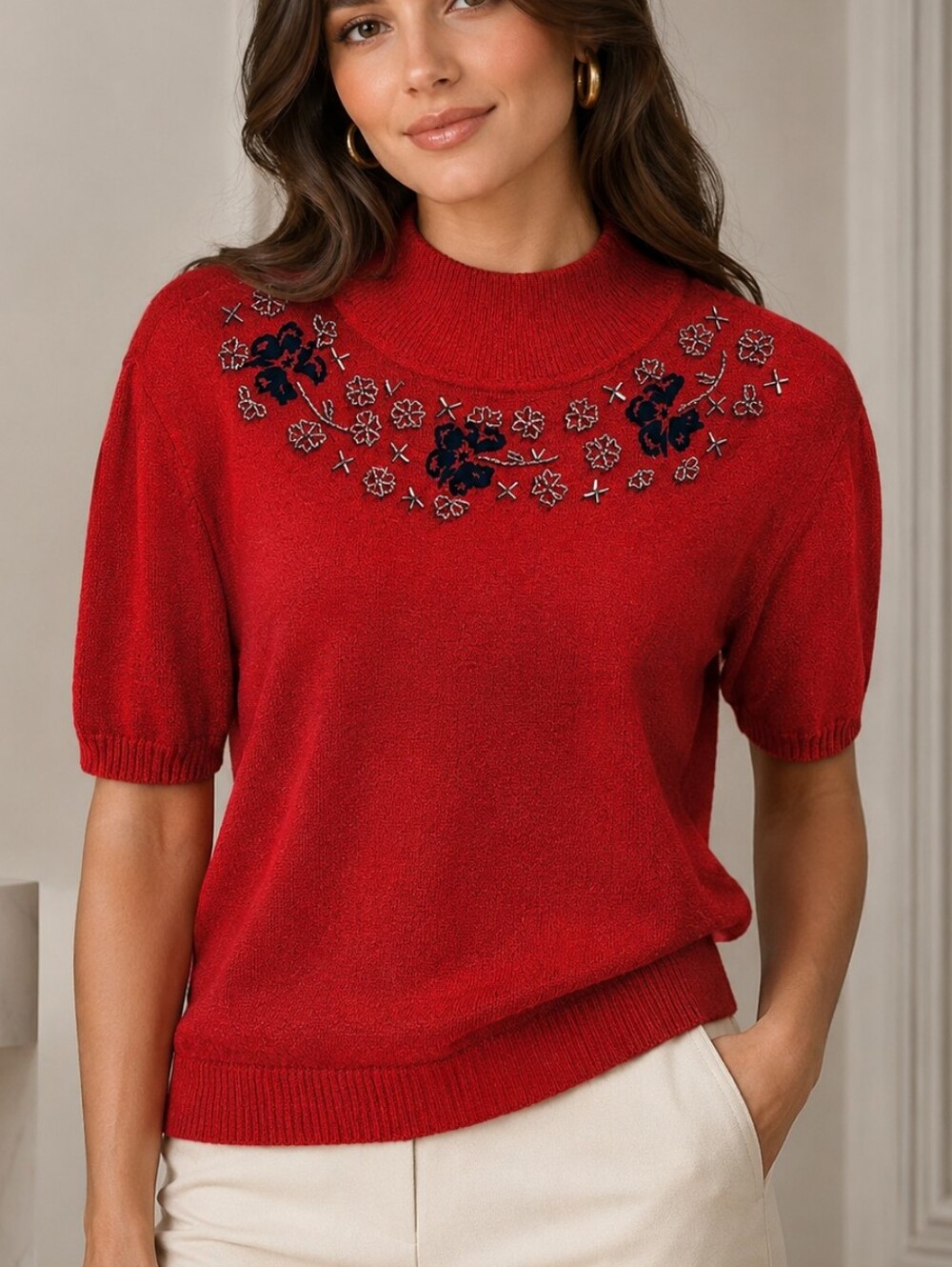 💙 TanJay Red Embroidered Beaded Neckline Knit Top